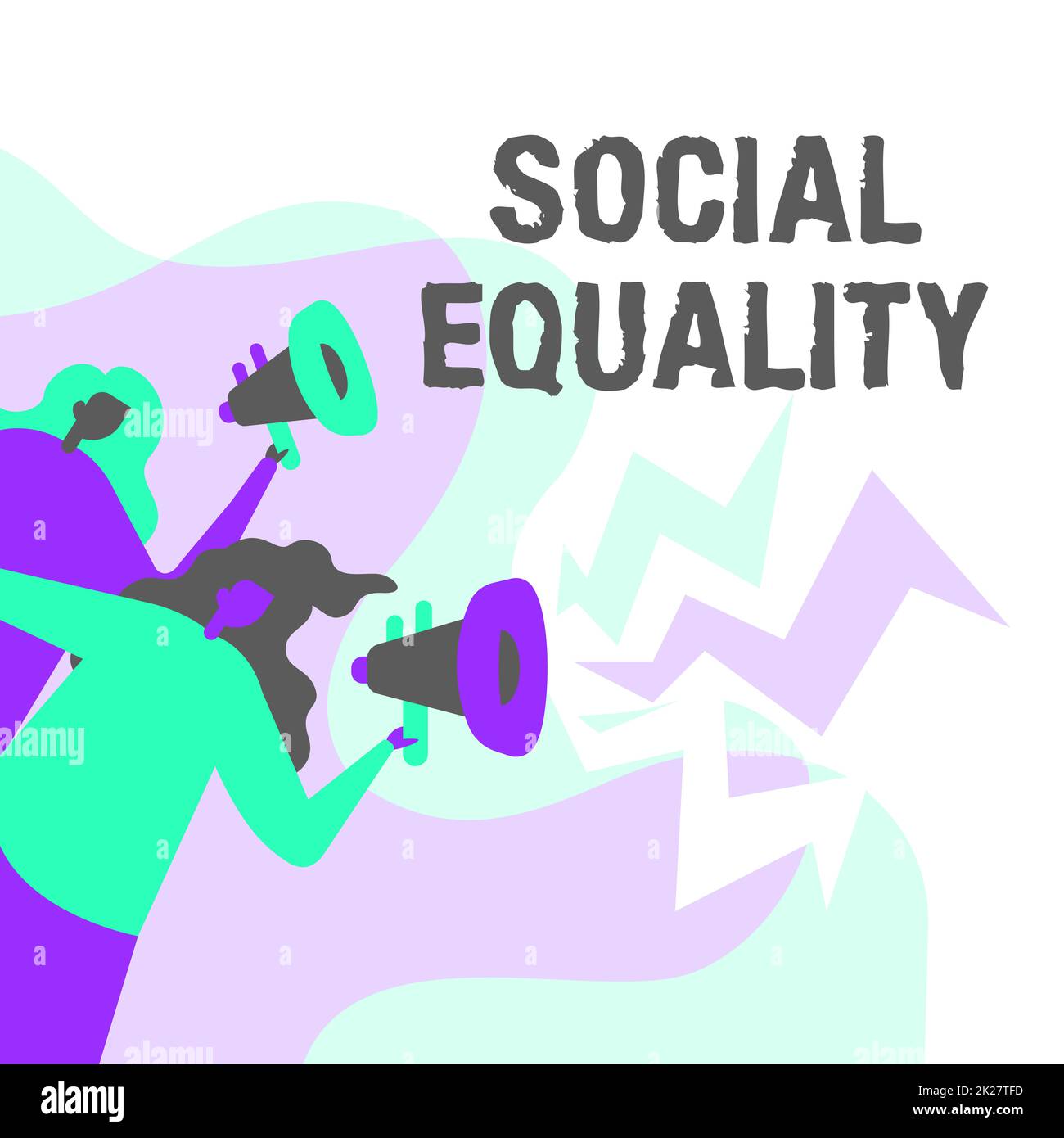 Textunterschrift für soziale Gleichstellung. Das Konzept „Bedeutung“ bezieht die Anliegen von Gerechtigkeit und Fairness auf die Sozialpolitik Frauen zeichnen Holding Megafone, die der Öffentlichkeit Ankündigungen machen. Stockfoto