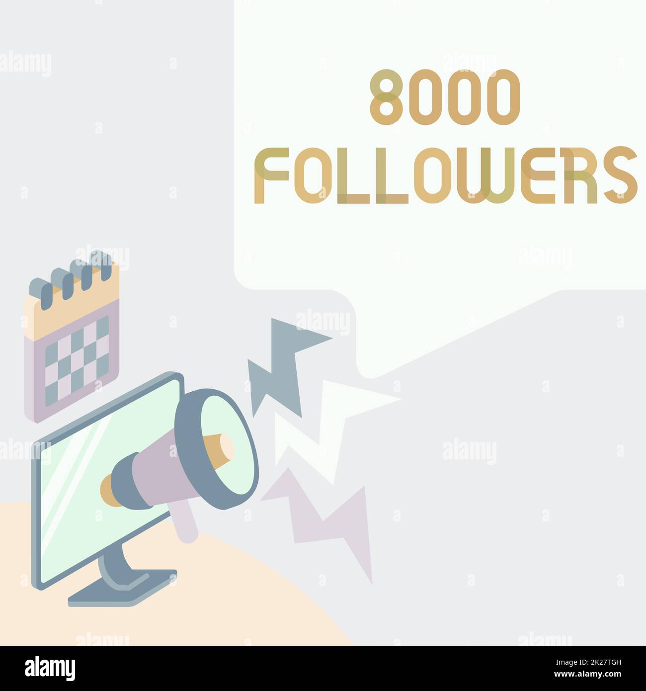 Konzeptionelle Beschriftung 8000 Follower. Konzeptionelle Fotozahl von Personen, die jemandem in Instagram Monitor folgen und mit Megaphone zeichnen, um Beleuchtung zu Nachricht zu erzeugen. Stockfoto
