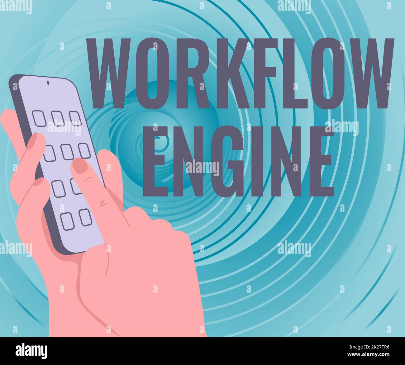 Textzeichen mit Workflow Engine. Geschäftsansatz Softwareanwendung zur Verwaltung von Geschäftsprozessen Hände Halten technologisches Gerät durch Drücken der Anwendungstaste gedrückt. Stockfoto
