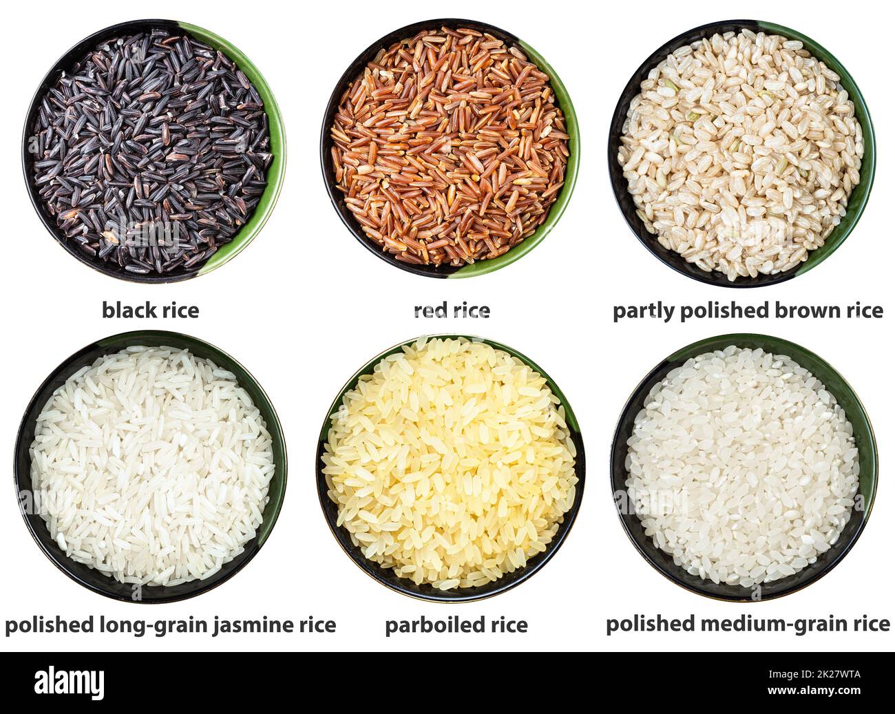 Set verschiedener Rices in Schüsseln mit isolierten Namen Stockfoto
