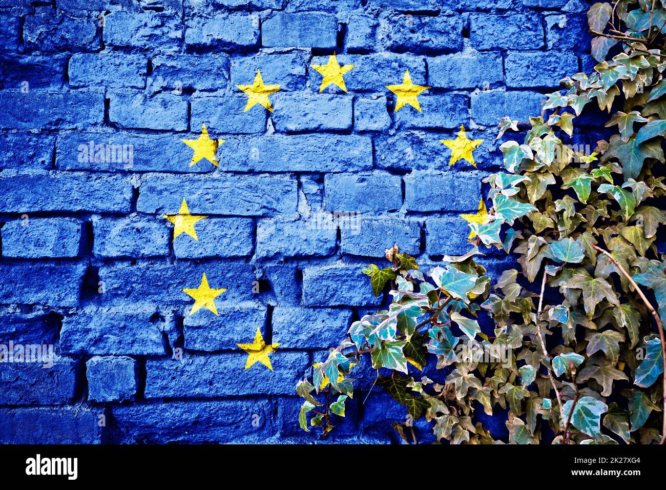 Grunge-Flagge der Europäischen Union an der Ziegelwand mit Efeu-Pflanze Stockfoto