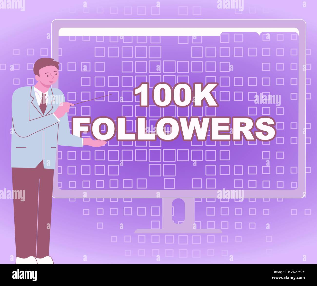 Inspiration mit Schild 100K Followern. Unternehmen zeigen die Anzahl der Personen, die einem Geschäftsmann auf Instagram folgen und Charts wunderbare Ideen auf dem Computerbildschirm präsentieren Stockfoto