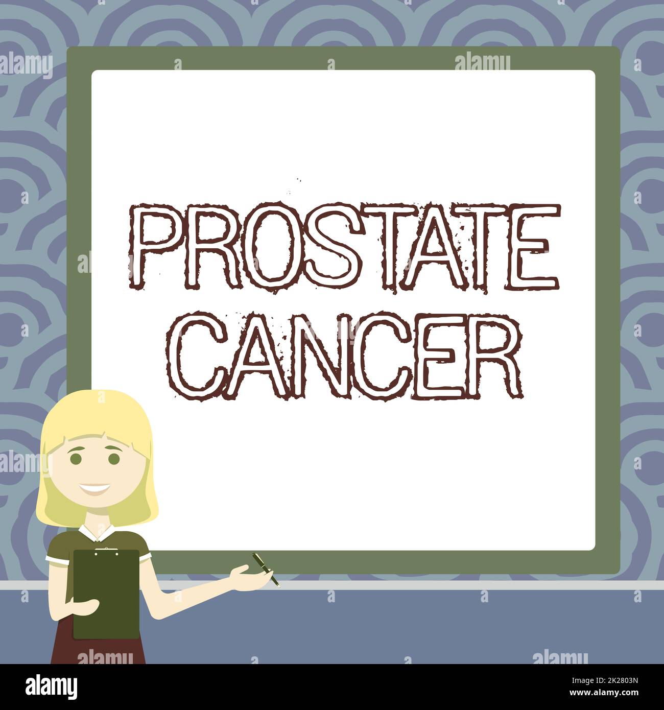 Textzeichen mit Prostatakrebs. Ein Wort über Krebs, der in der Drüse des männlichen Fortpflanzungssystems auftritt Lady Drawing Standing Holding Clipboard präsentiert dem Team neue Ideen Stockfoto