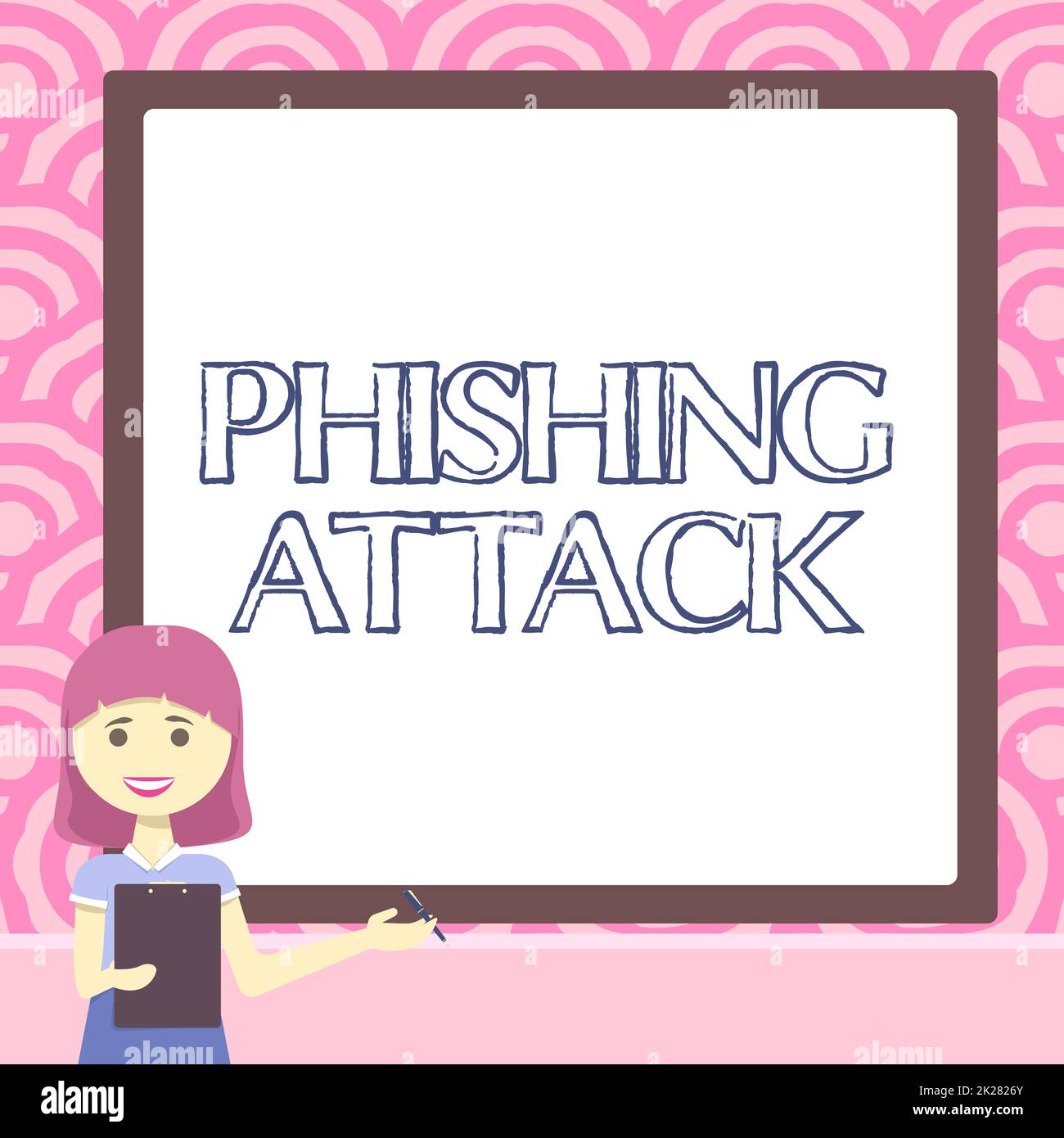 Schild mit Phishing-Angriff. Konzept bedeutet den Versuch, sensible und vertrauliche Informationen zu erhalten Lady Drawing Standing Holding Zwischenablage, in der dem Team neue Ideen präsentiert werden Stockfoto