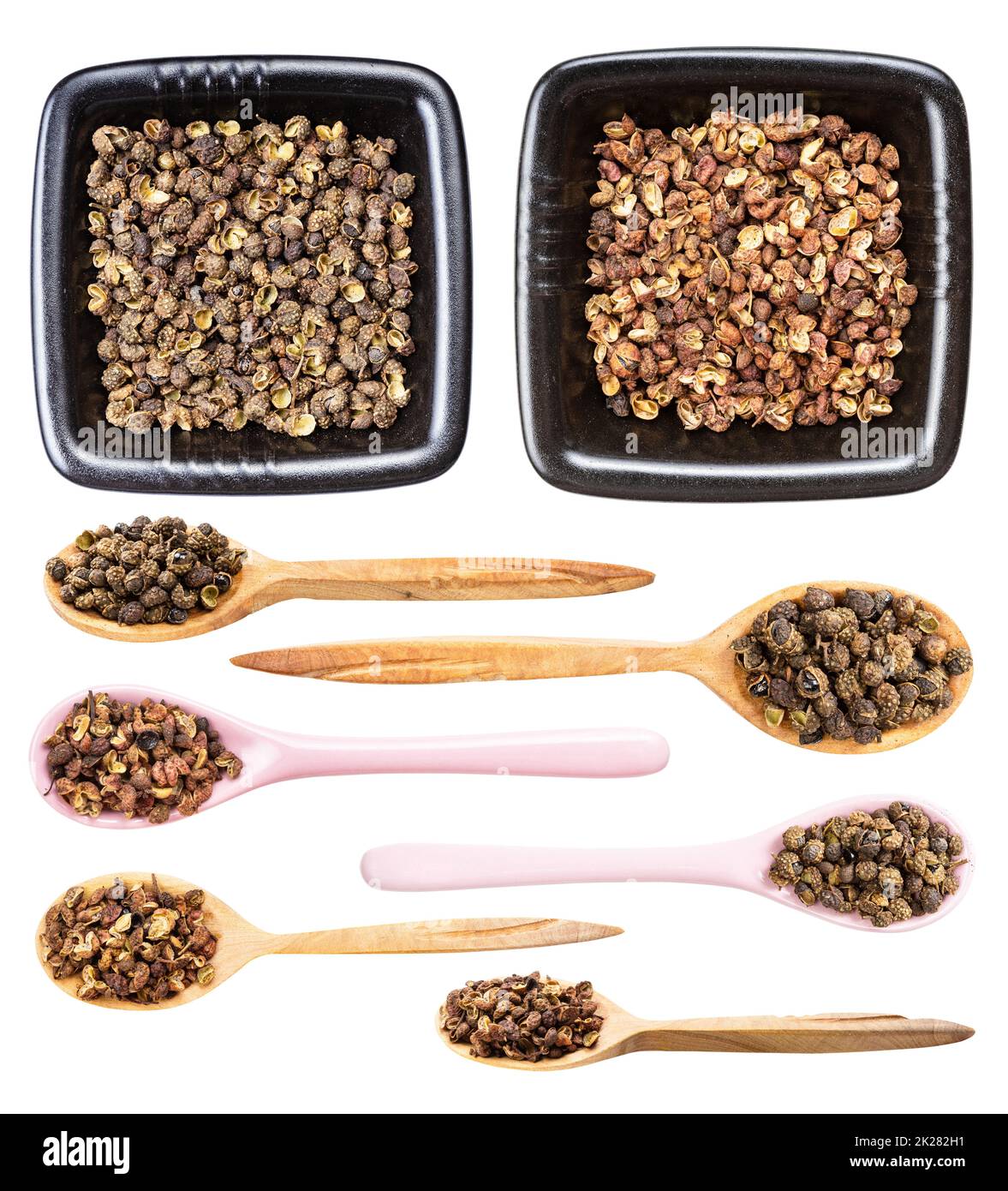 Set mit verschiedenen sichuan-Paprika, isoliert auf weiß Stockfoto