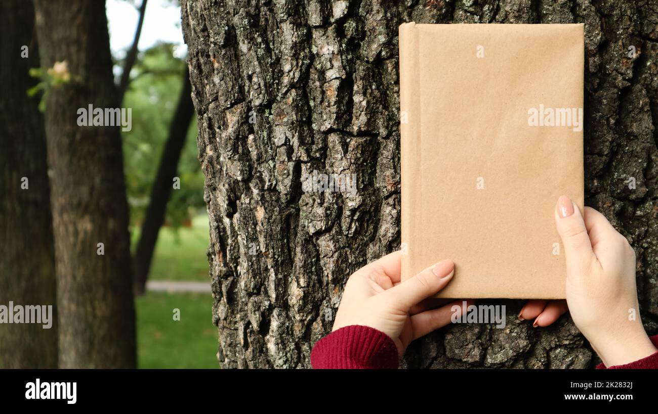Ein geschlossenes Buch in einem Umschlag aus Handwerkspapier in weiblichen Händen auf dem Hintergrund einer Baumrinde im Park. Speicherplatz kopieren. Das Konzept des Lesens, der Erholung und der Freizeit, des Studiums und der Bildung. Stockfoto