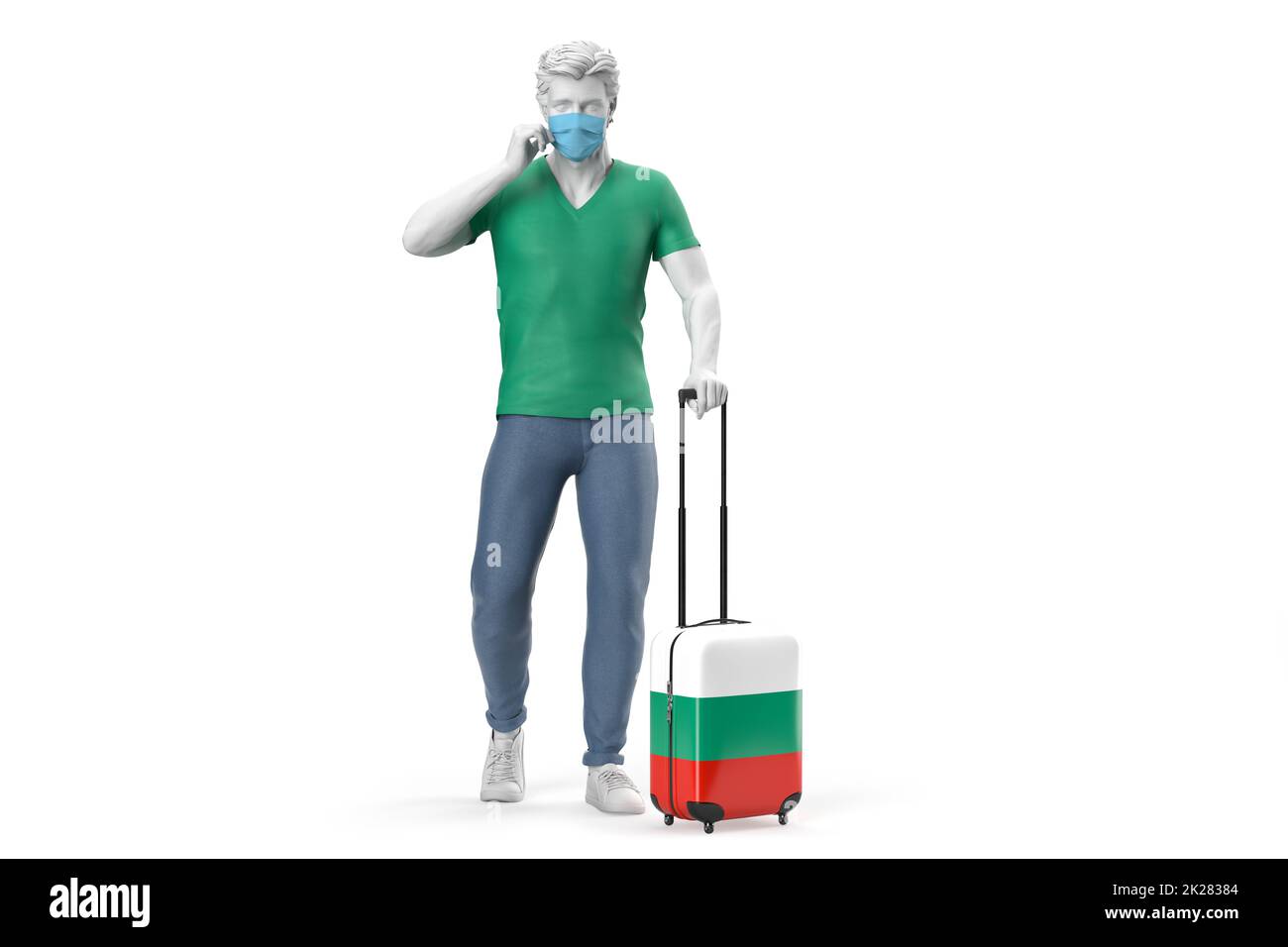 Mann trägt Gesichtsmaske zieht einen Koffer strukturiert mit Flagge von Bulgarien. 3D Rendering Stockfoto