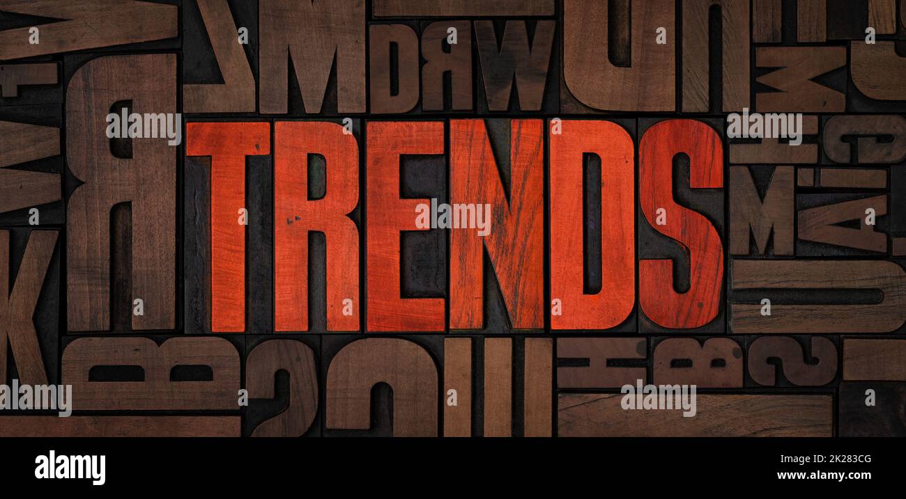 Retro-Buchdruck Holzdruckblöcke - Trends Stockfoto