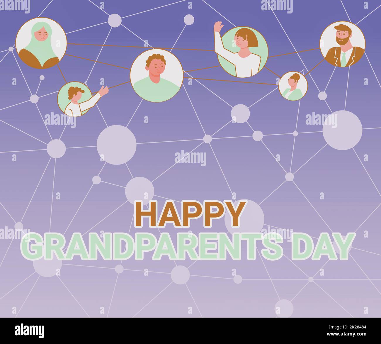 Inspiration mit Schild Happy Grandparents Day. Internetkonzept Nationalfeiertag zur Feier und Ehrung von Großeltern und verschiedenen Menschen im Kreis, die miteinander chatten und soziale Medien vernetzen. Stockfoto