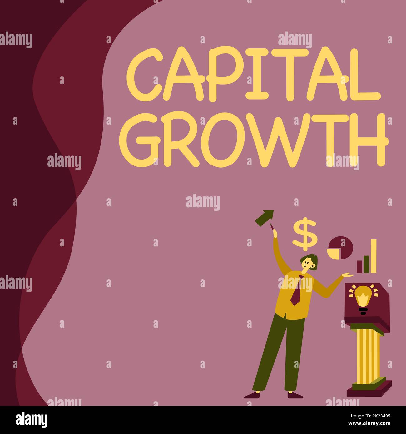 Schild mit der Aufschrift Capital Growth. Ein Wort über die Wertsteigerung eines Vermögenswertes oder einer Investition im Laufe der Zeit ManStand Alone präsentiert Diagramme und neue Finanzideen auf dem Podium. Stockfoto