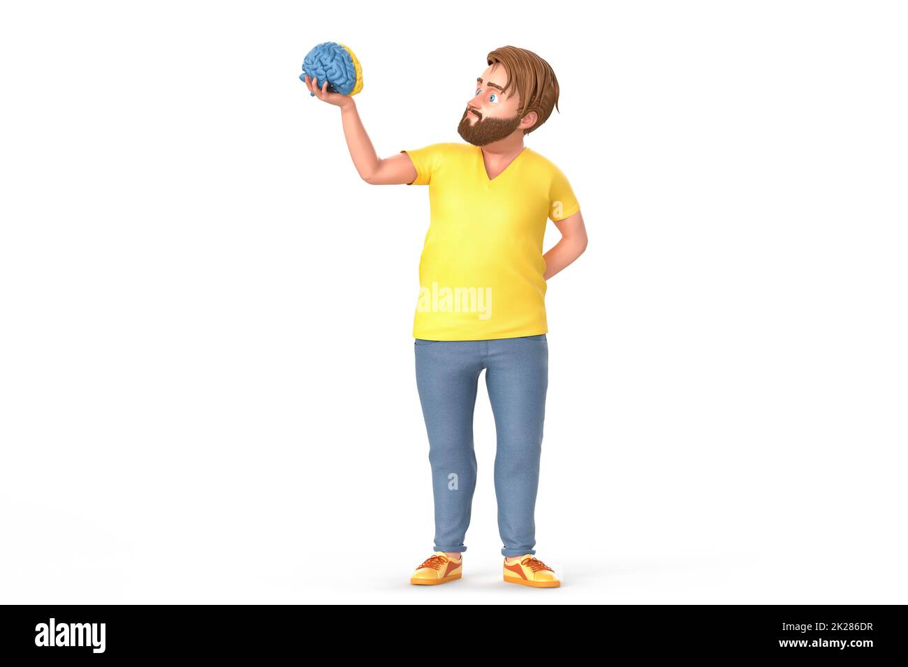 Nachdenklicher Mann mit einem Gehirnmodell. Isoliert auf weißem Hintergrund. 3D Rendering Stockfoto