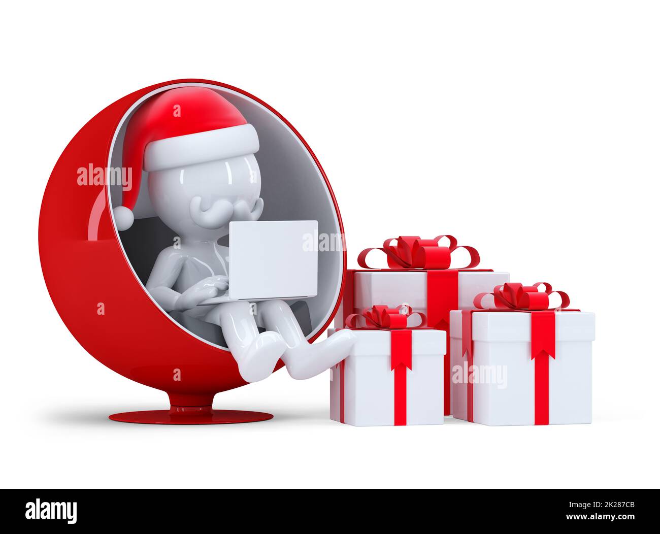 3D Weihnachtsmann, der an einem Laptop arbeitet Stockfoto