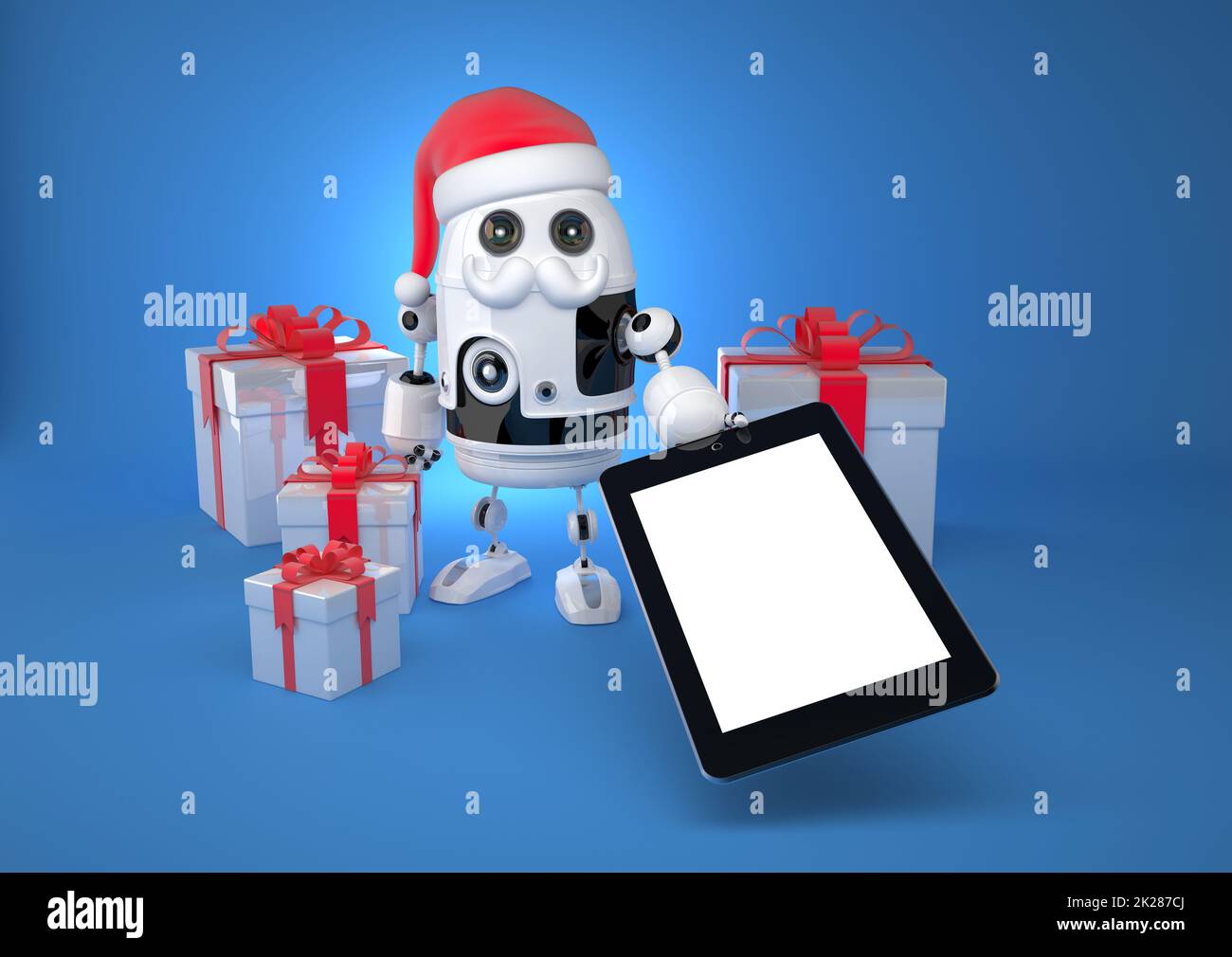 Der Roboter-Weihnachtsmann zeigt einen Tablet-Computer mit leerem Bildschirm Stockfoto