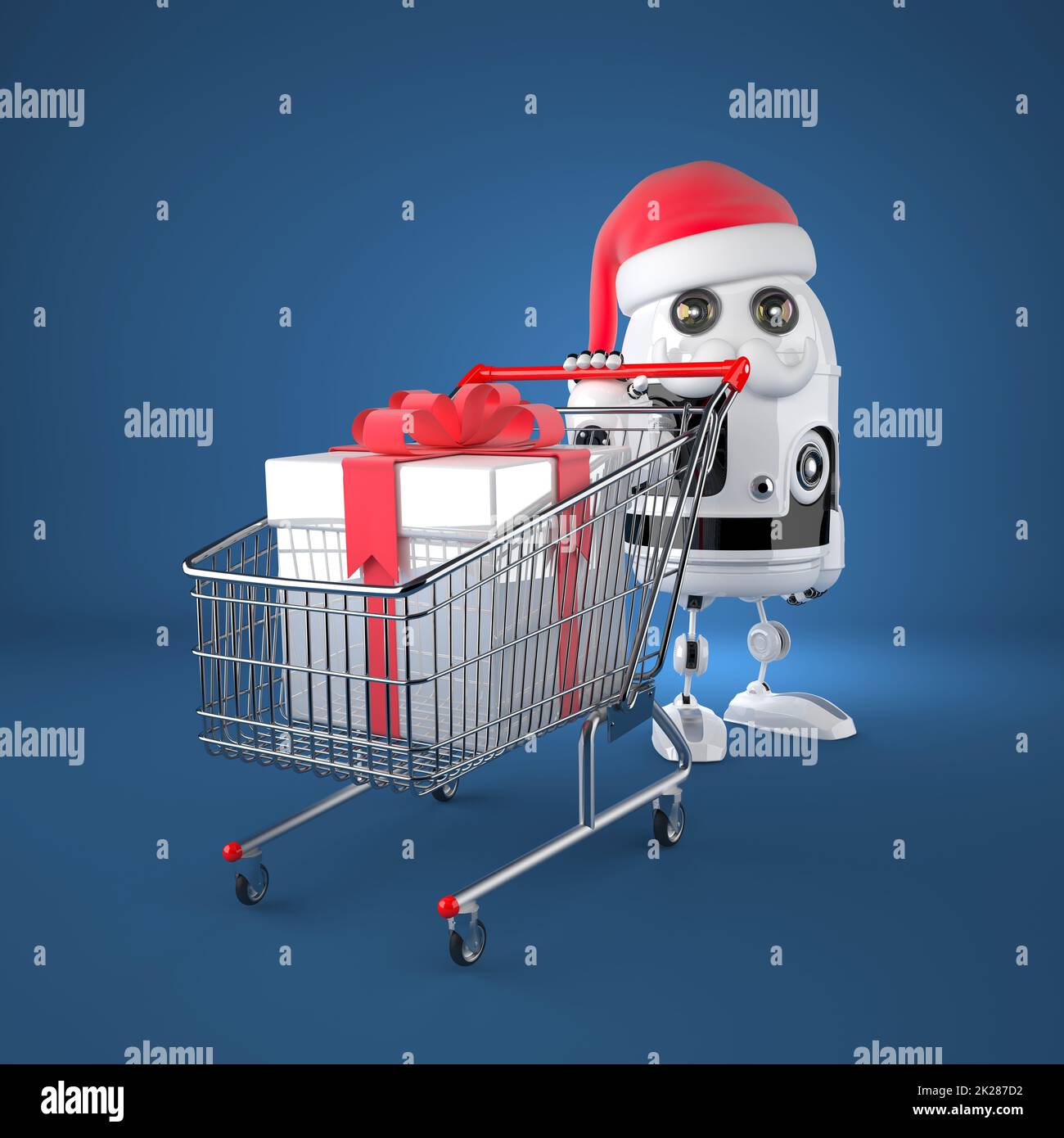 Roboter-Weihnachtsmann mit Einkaufswagen Stockfoto