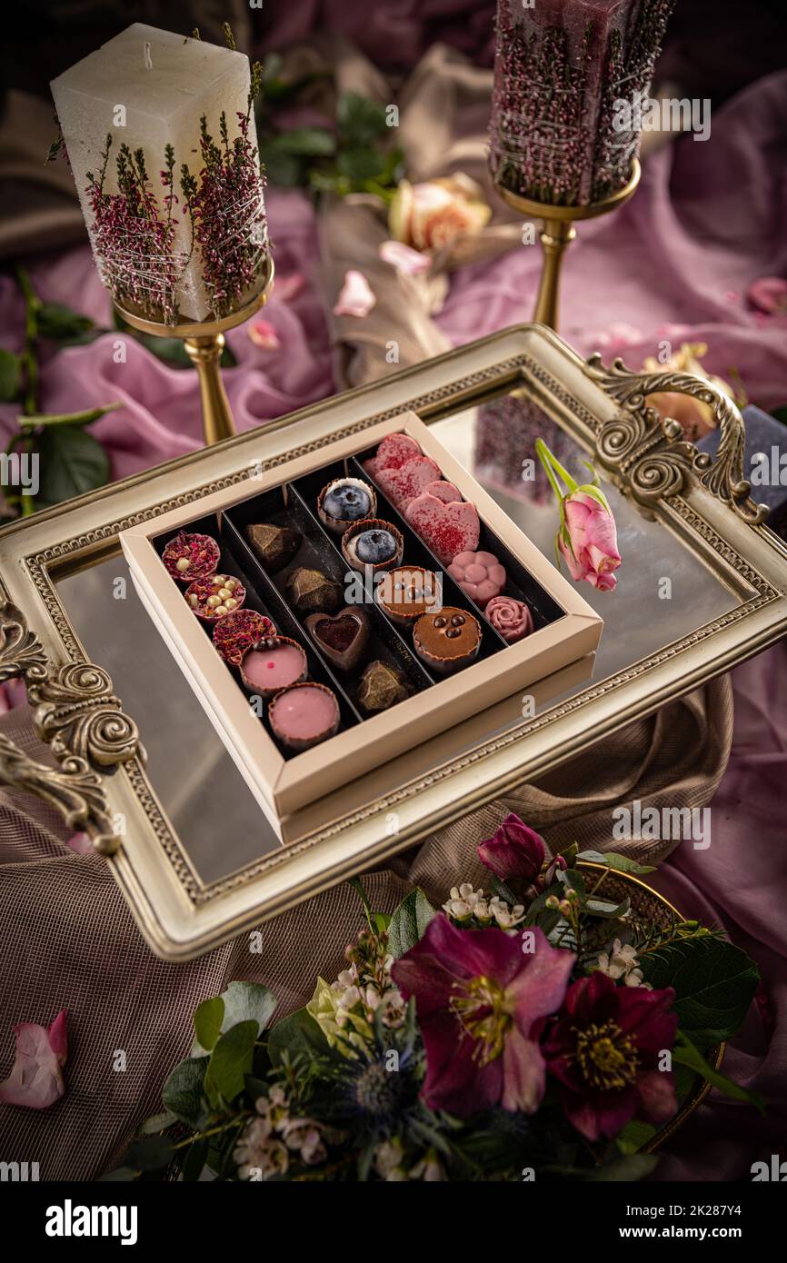Edle handgemachte Pralinen Stockfoto