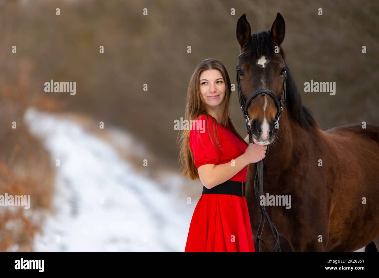 Portrait eines schönen Mädchens in einem roten Kleid, das mit einem Pferd auf dem Hintergrund einer Winterstraße steht Stockfoto