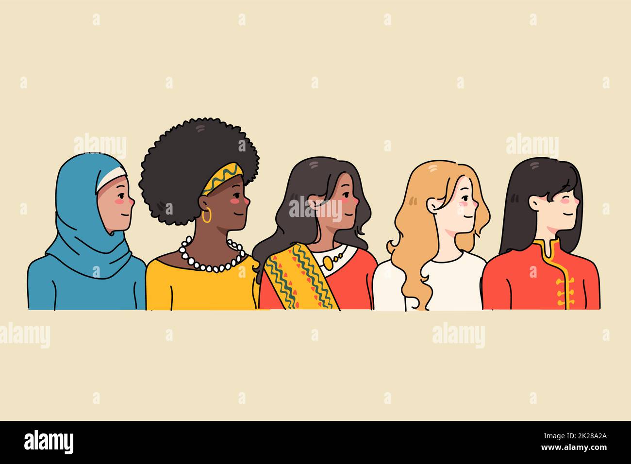 Verschiedene Frauen verschiedener Nationalitäten in traditioneller Kleidung Stockfoto