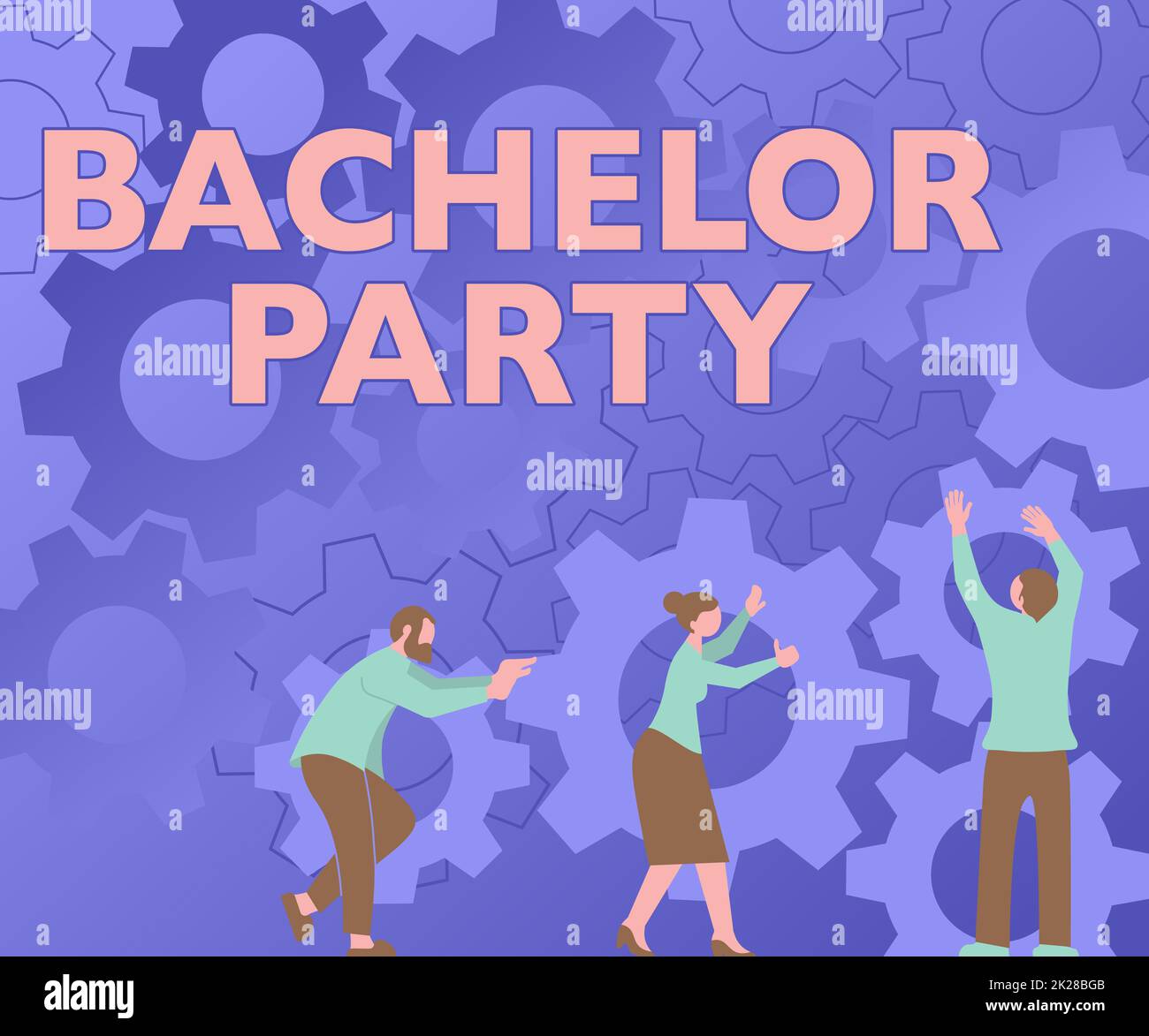 Textüberschrift für Junggesellenabschied. Ein Wort über Party für einen Mann, der kurz davor ist, zu heiraten, mit Zahnrädern, die einen neuen Arbeitsablauf arrangieren, Teamwork zu erreichen. Stockfoto