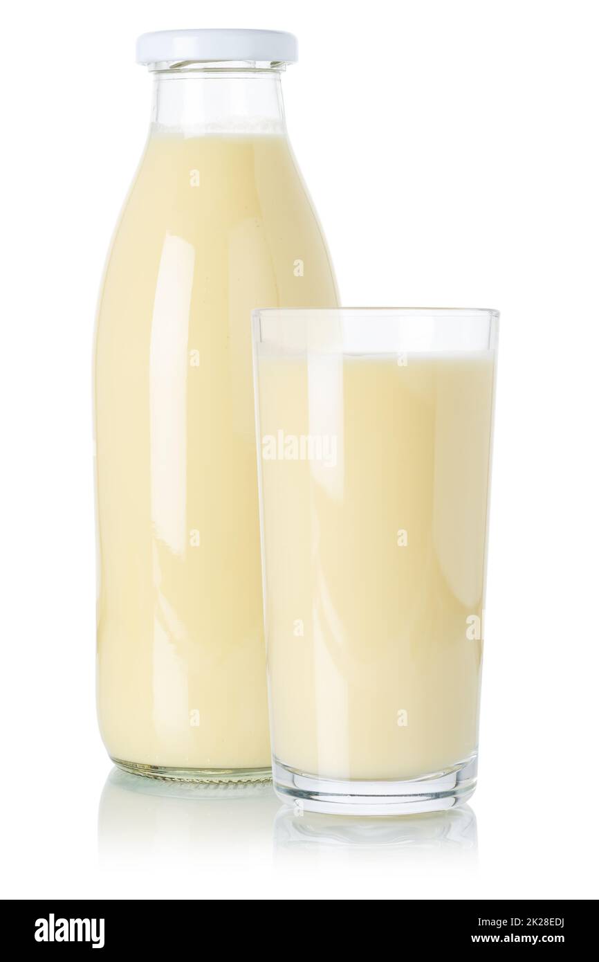 Frischer Bananen-Smoothie Fruchtsaft Trinken Sie Milchshake Milchshake in einer Flasche und Glas isoliert auf weiß Stockfoto