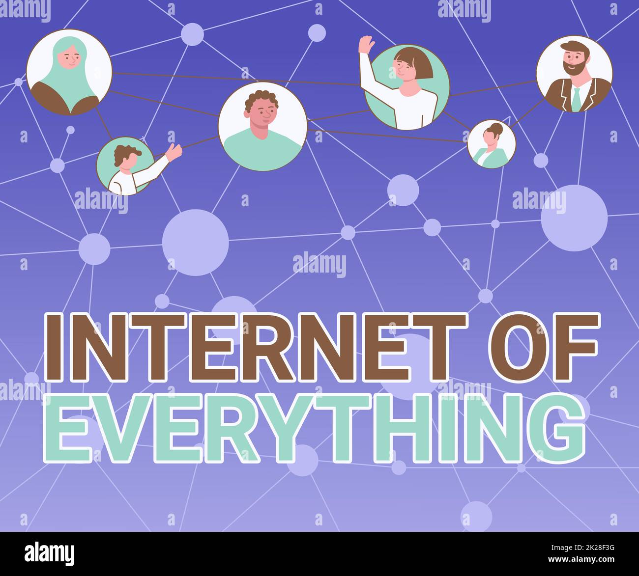 Inspiration mit dem Zeichen „Internet of Everything“. Internetkonzept Netzwerk der Dinge interagieren und verbinden sich in Kreisen, die miteinander chatten und soziale Medien vernetzen. Stockfoto