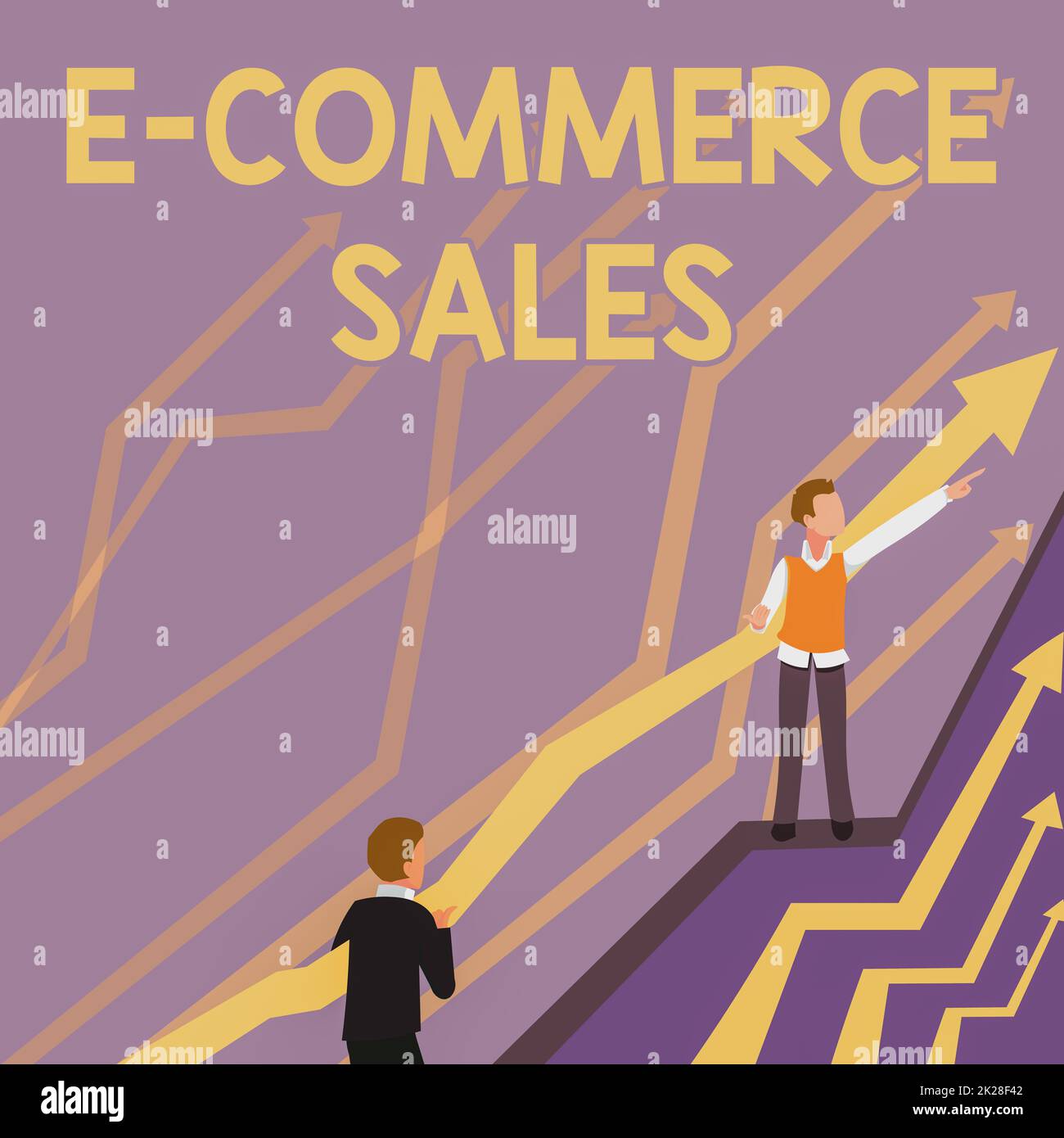 Handschrifttext E Commerce Sales. Geschäftsansatz Kauf oder Verkauf von Produkten über Online-Service-Pfeile, die zwei kooperierende Geschäftsleute auf dem Weg zu einer besseren Finanzplanung leiten. Stockfoto