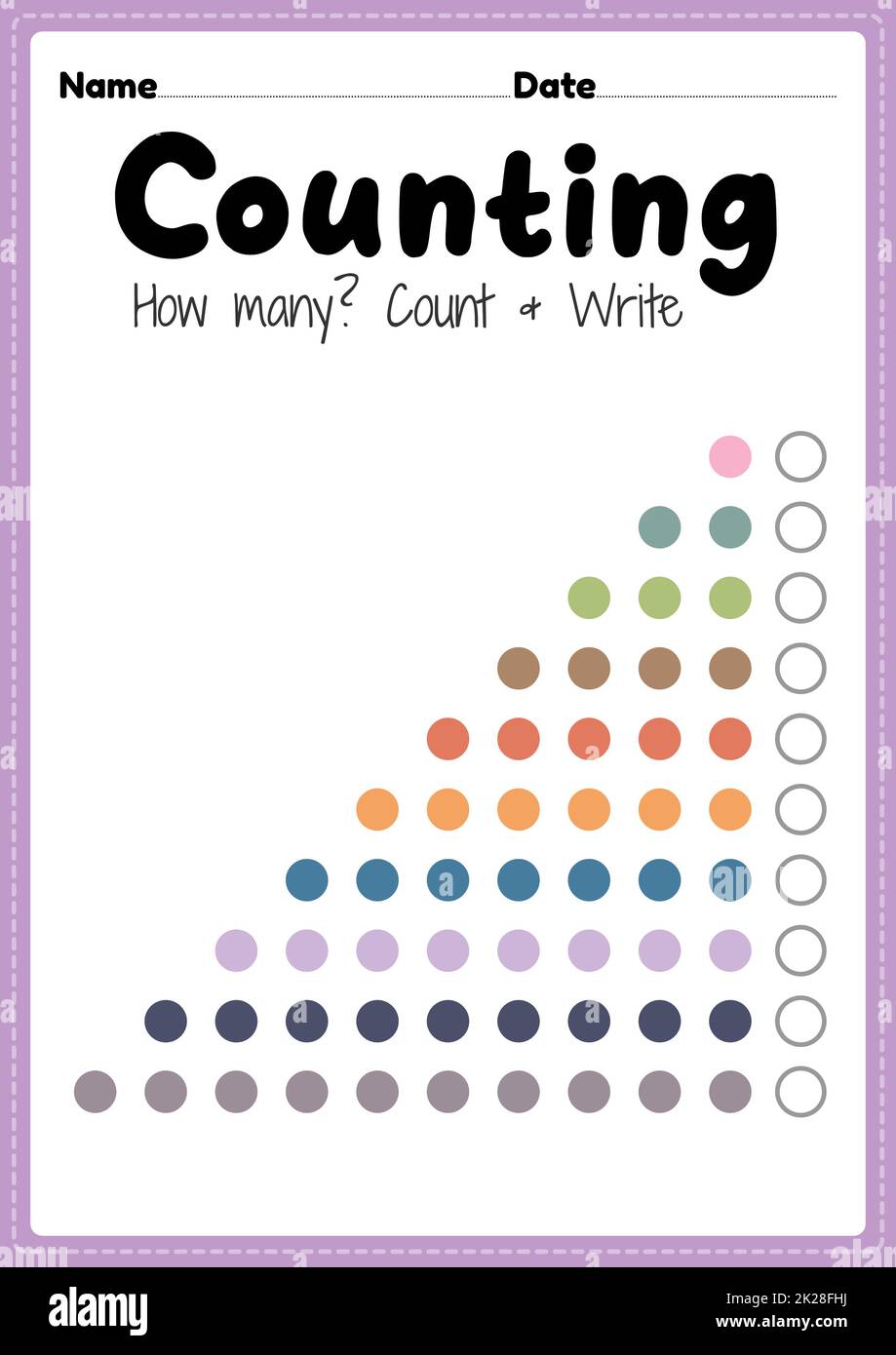 Zählarbeitsblatt, math druckbare Blatt für Vorschule und Kindergarten Kinder Aktivität zu lernen grundlegende Mathematik zählen und schreiben Fähigkeiten. Stockfoto
