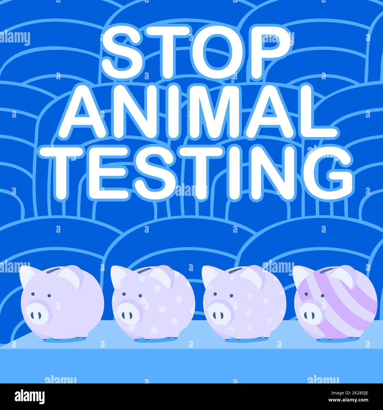 Handgeschriebenes Schild Stop Animal Testing. Konzept bedeutet wissenschaftliches Experiment, bei dem lebende Tiere gezwungen werden, mehrere Piggy Bank-Zeichnungen auf einem Tisch mit gestreiftem Hintergrund zu durchlaufen. Stockfoto
