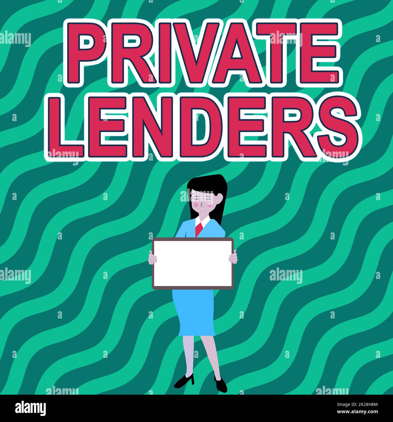 Handgeschriebenes Schild Private Lender. Konzeptfoto eine Person oder Organisation, die Geld leiht, um das schöne Lady Standing Holding Whiteboard zu zeigen, das eine neue Ankündigung präsentiert. Stockfoto