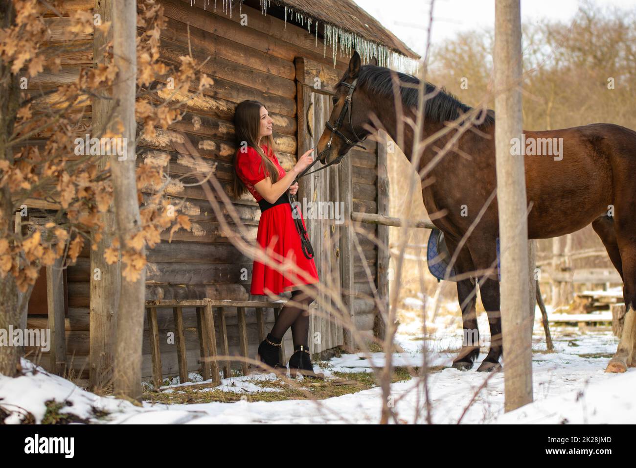 Ein Mädchen in einem roten Kleid steht neben einem alten Holzhaus, ein Pferd steht neben ihr. Stockfoto