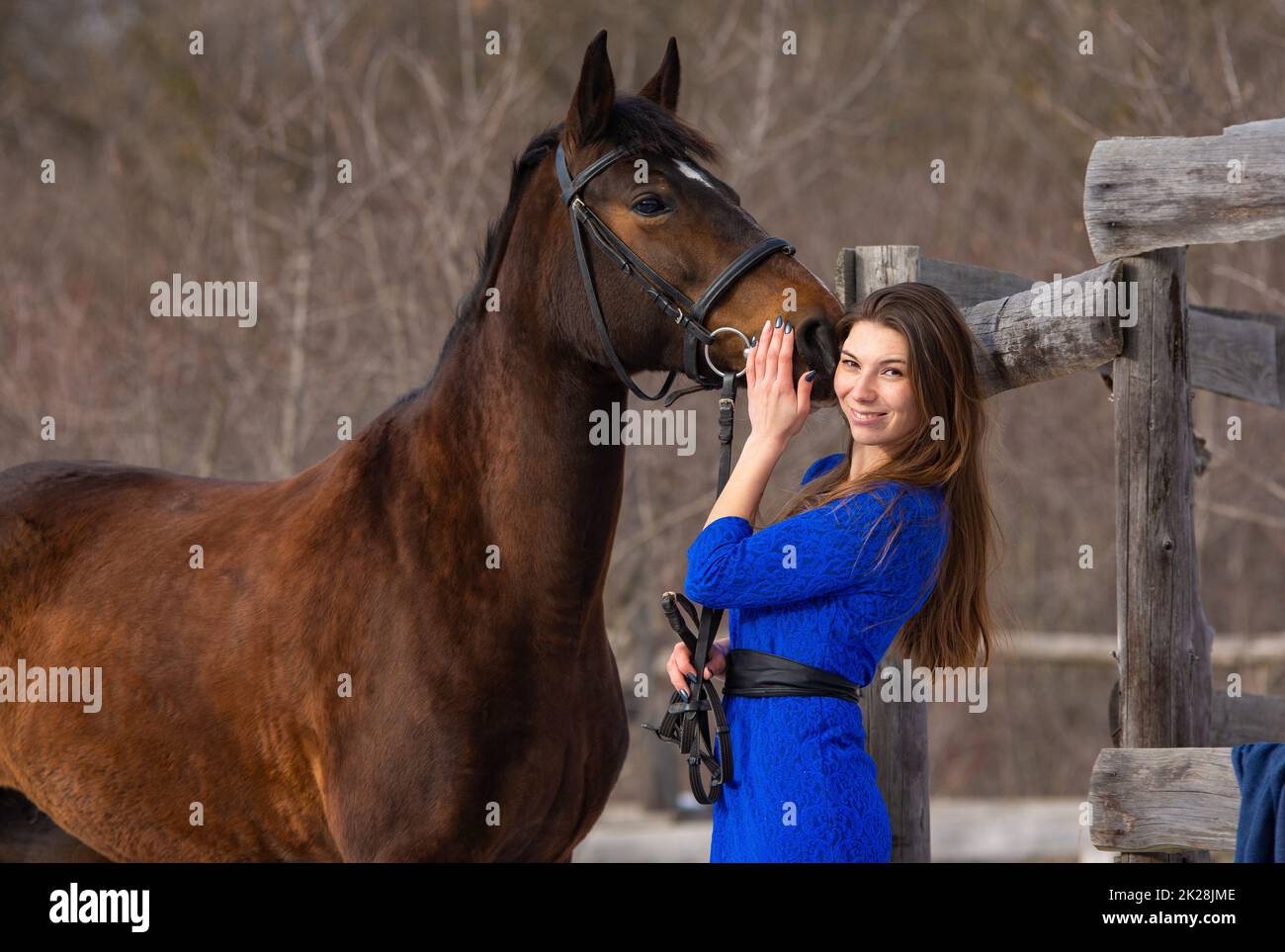 Ein schönes Mädchen mit einem Pferd steht in der Nähe eines alten Holzzauns Stockfoto