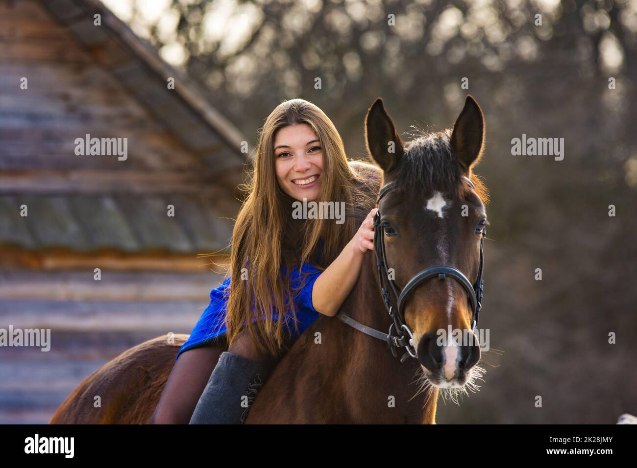 Mädchen in einem blauen Kleid auf einem schönen Pferd Stockfoto