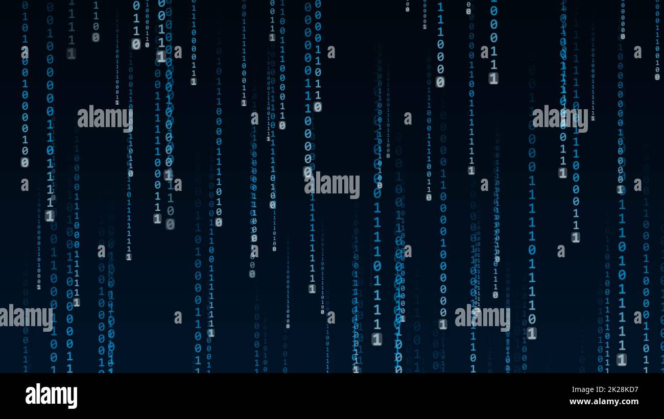 Abstrakter grafischer Hintergrund – blauer Regen von binären Ziffern auf schwarzem Hintergrund Stockfoto