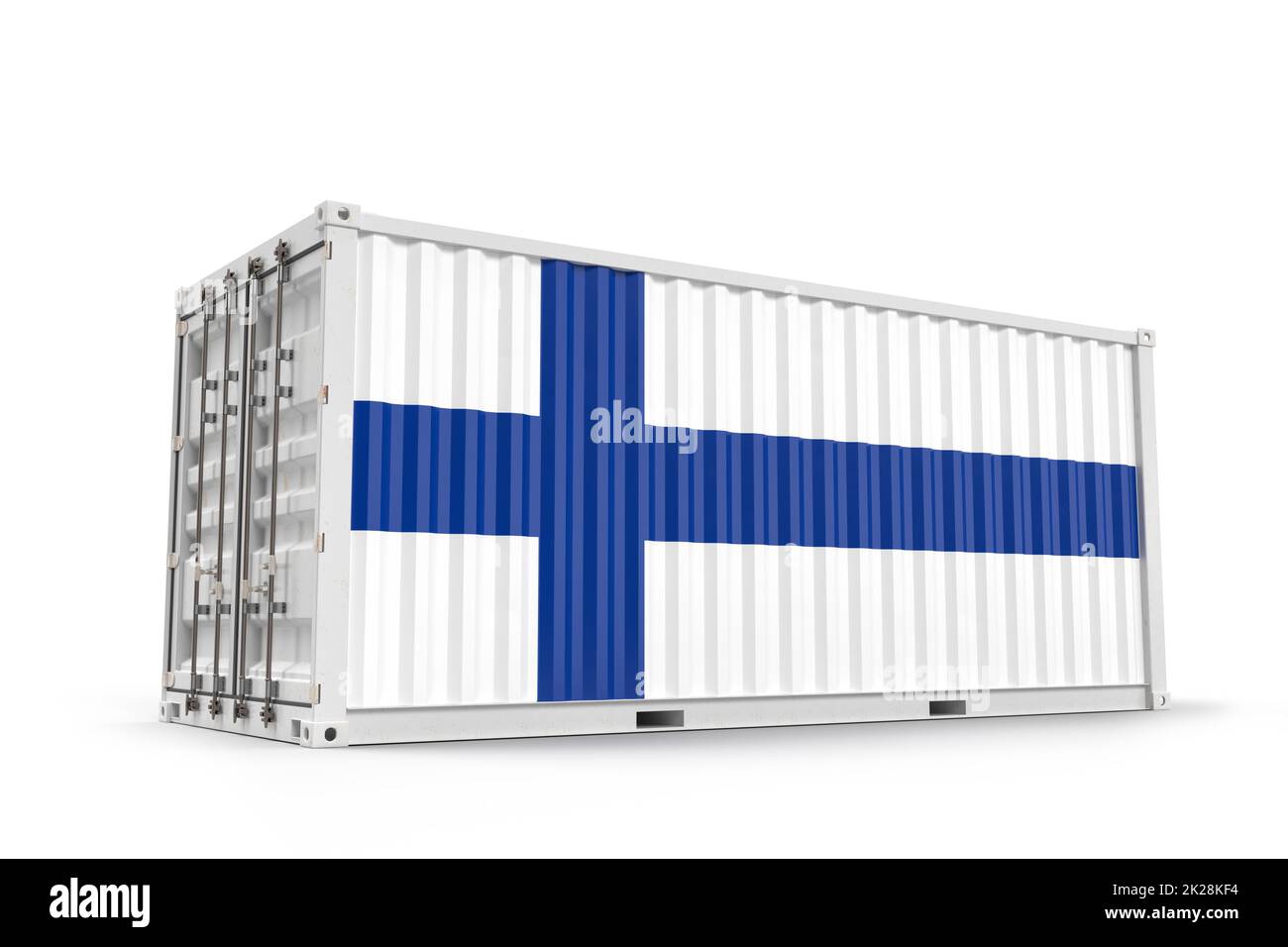 Realistischer Frachtcontainer mit Flag of Finland strukturiert. Isoliert. 3D Rendering Stockfoto