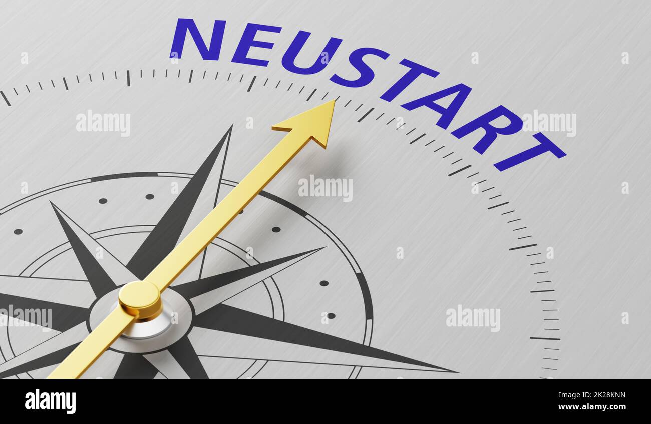 Kompassnadel zeigt auf den Text Neustart auf deutsch - Neustart - 3D Render Stockfoto