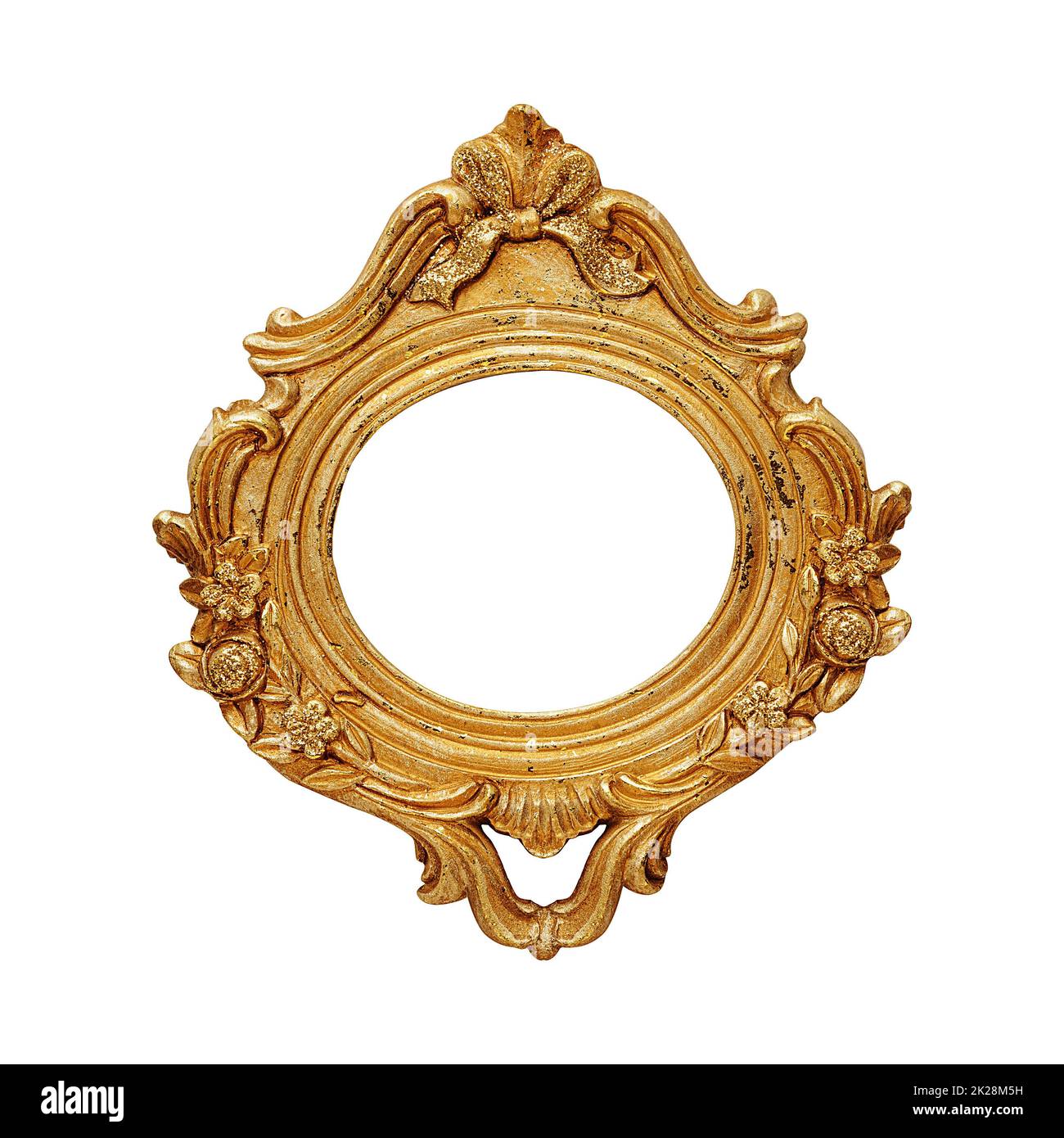 Ovaler, unbeschrifteter Rahmen in Antiquitäten-Goldfarbe isoliert Stockfoto