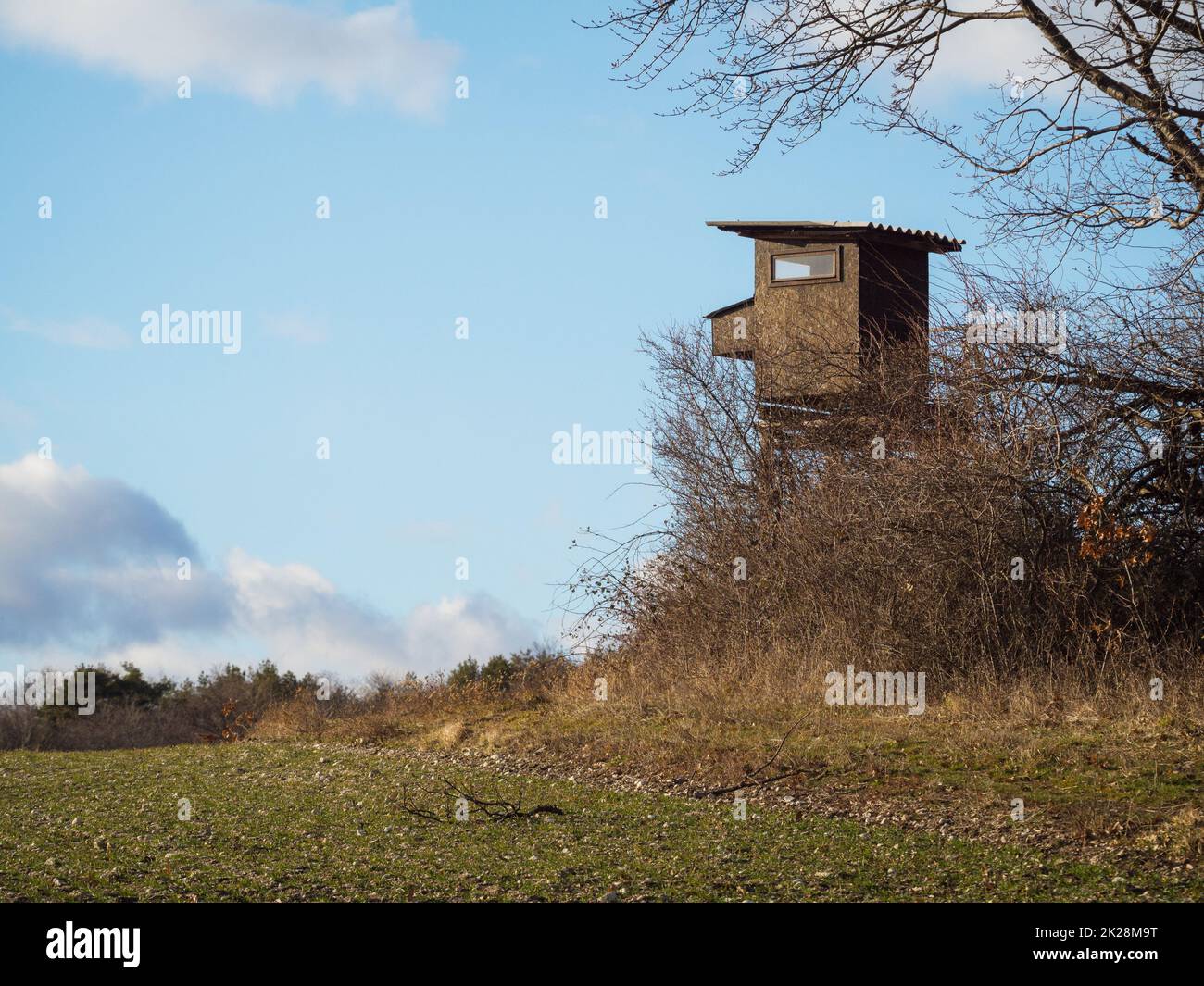 Jagdturm versteckt sich auf einem Hügel im burgenland Stockfoto