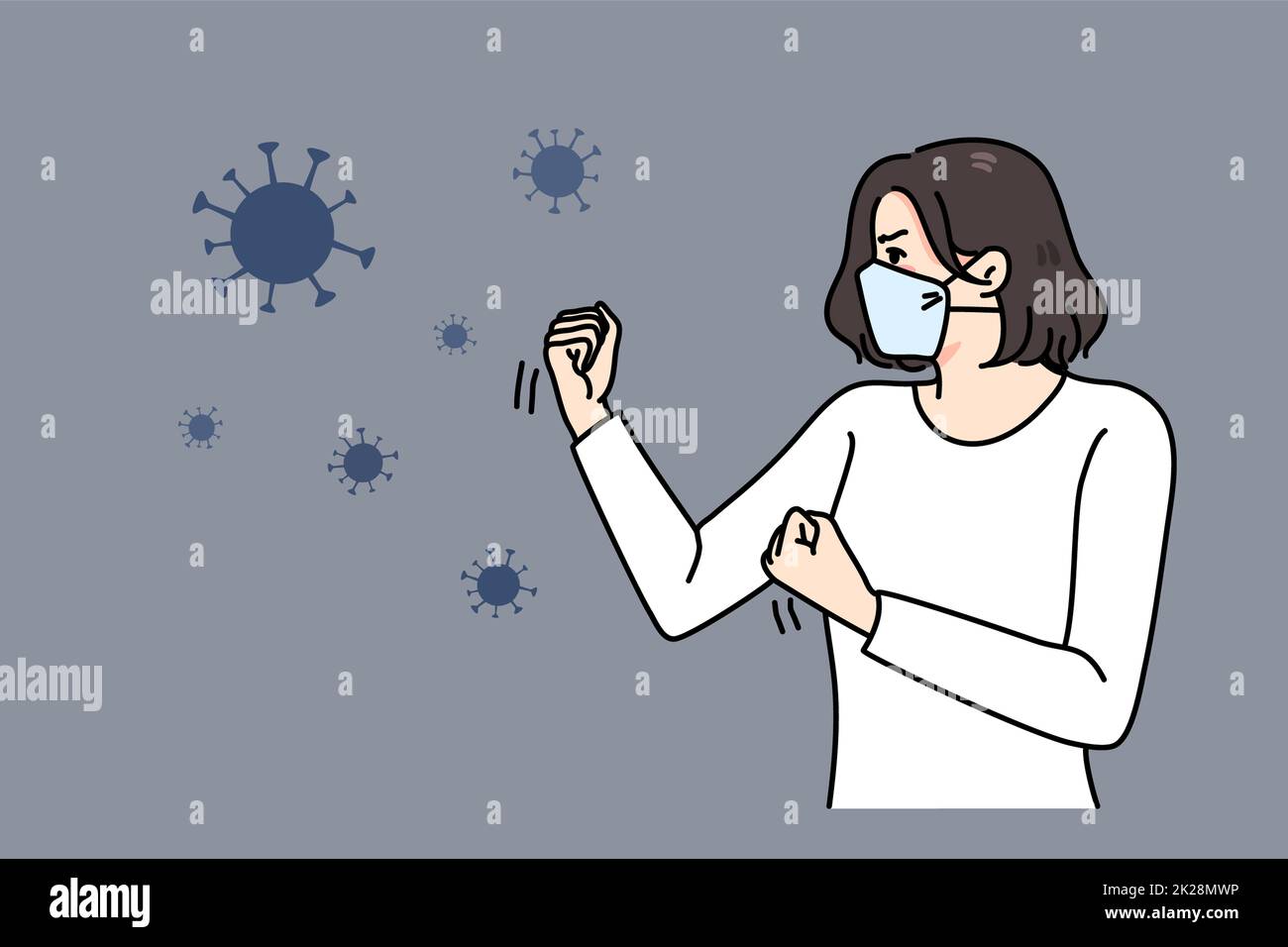 Wütende Frau im Gesichtsmaskenkampf COvid-19 Stockfoto