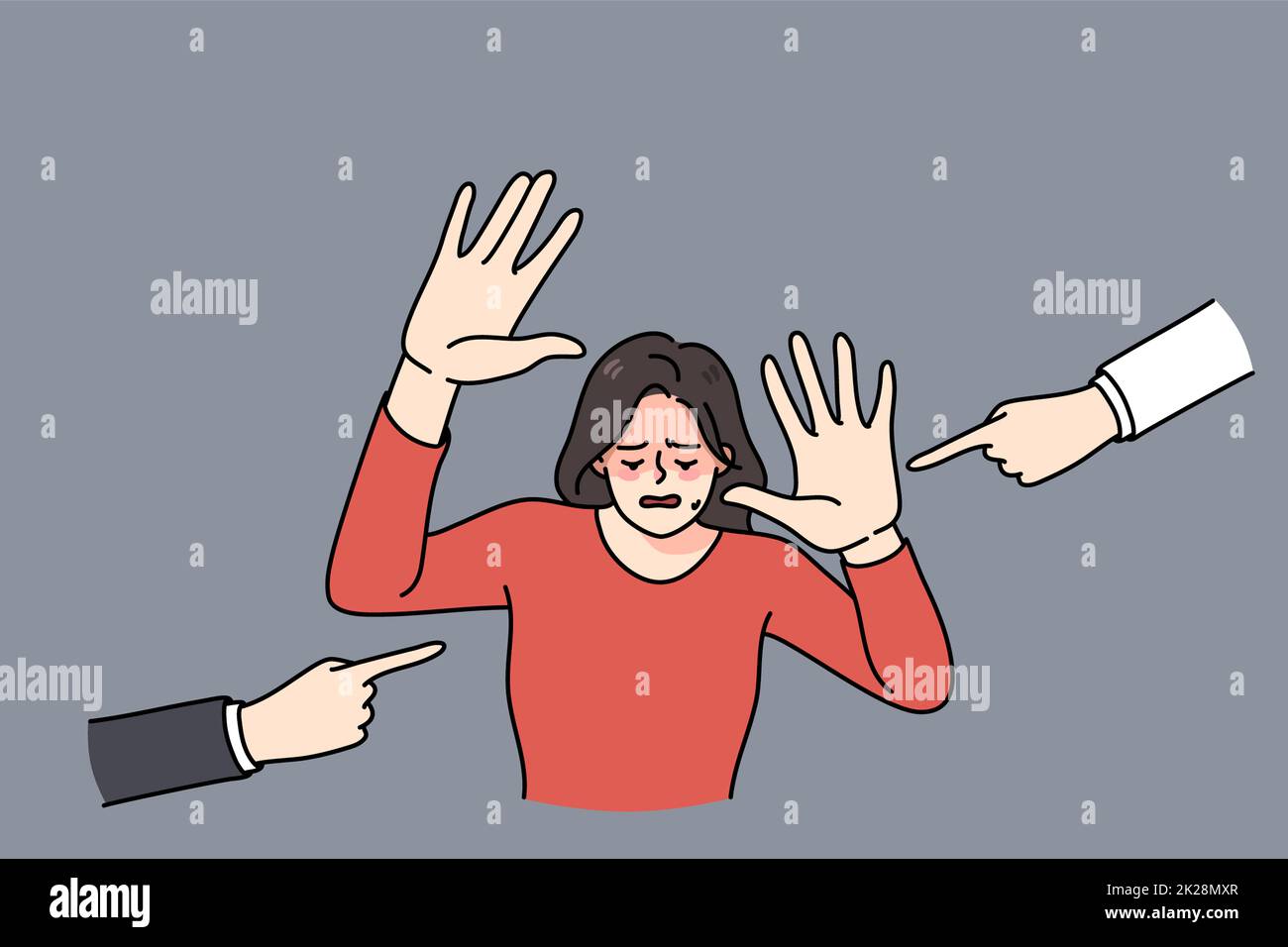 Unglückliche Frau, gestresst mit Leuten, die Schuld geben Stockfoto