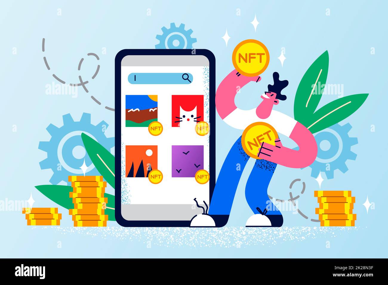 Ein lächelnder Mann kauft per Handy über nft Stockfoto