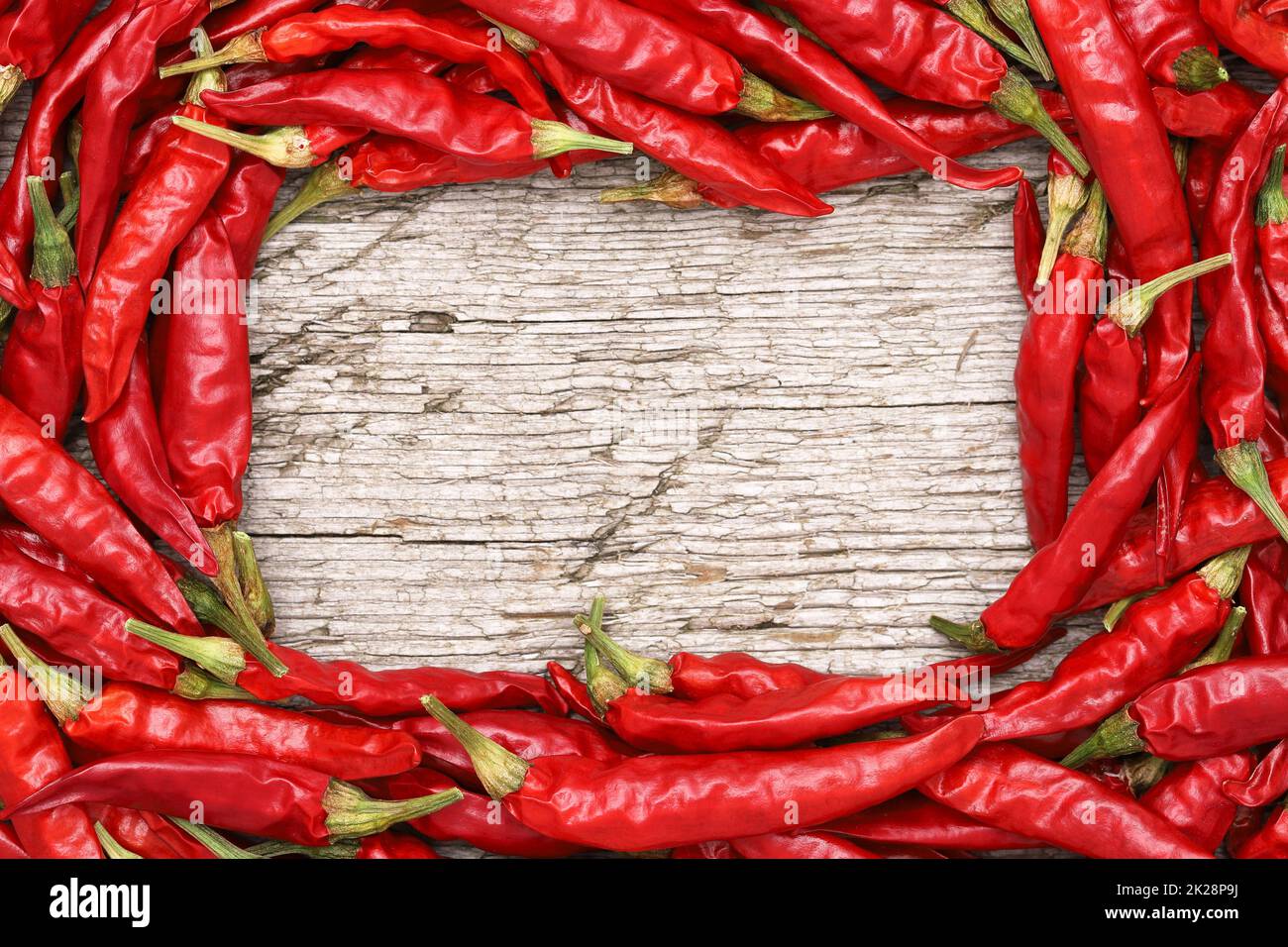 Rahmen von roten Chilischoten Pflanzen auf grungigen hölzernen Hintergrund Stockfoto