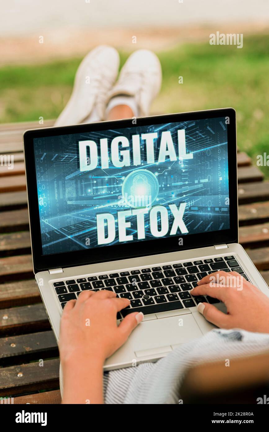 Handschriftliches Schild Digital Detox. Geschäftsübersicht Verbot der Verwendung elektronischer und digitaler Geräte Laptop, der auf dem Schoß einer Frau mit überkreuztem Bein ruht und Remote-Job erledigt. Stockfoto