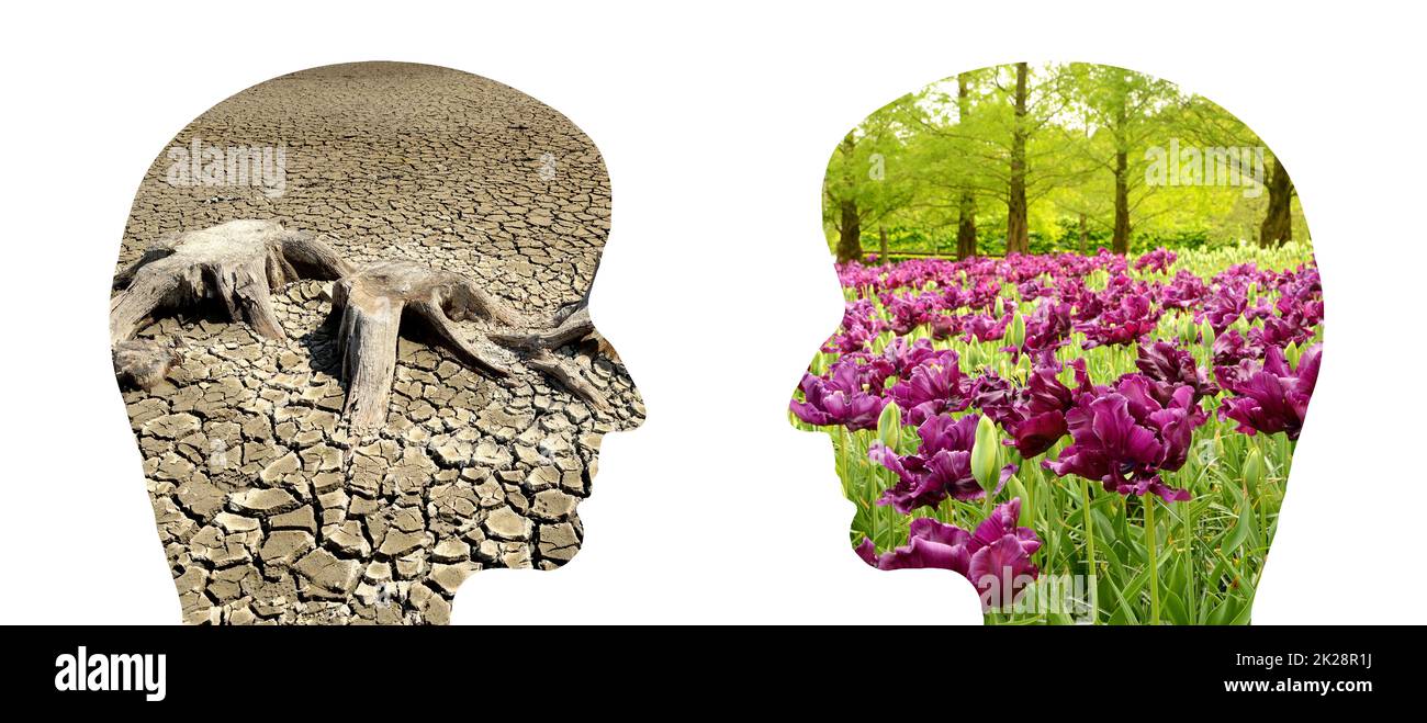 Zwei Gesichter, eines mit trockener Wüste, das andere mit frischen Blumen, Klimawandel, globaler Erwärmung, Umweltgespräch, Weltökologie Stockfoto