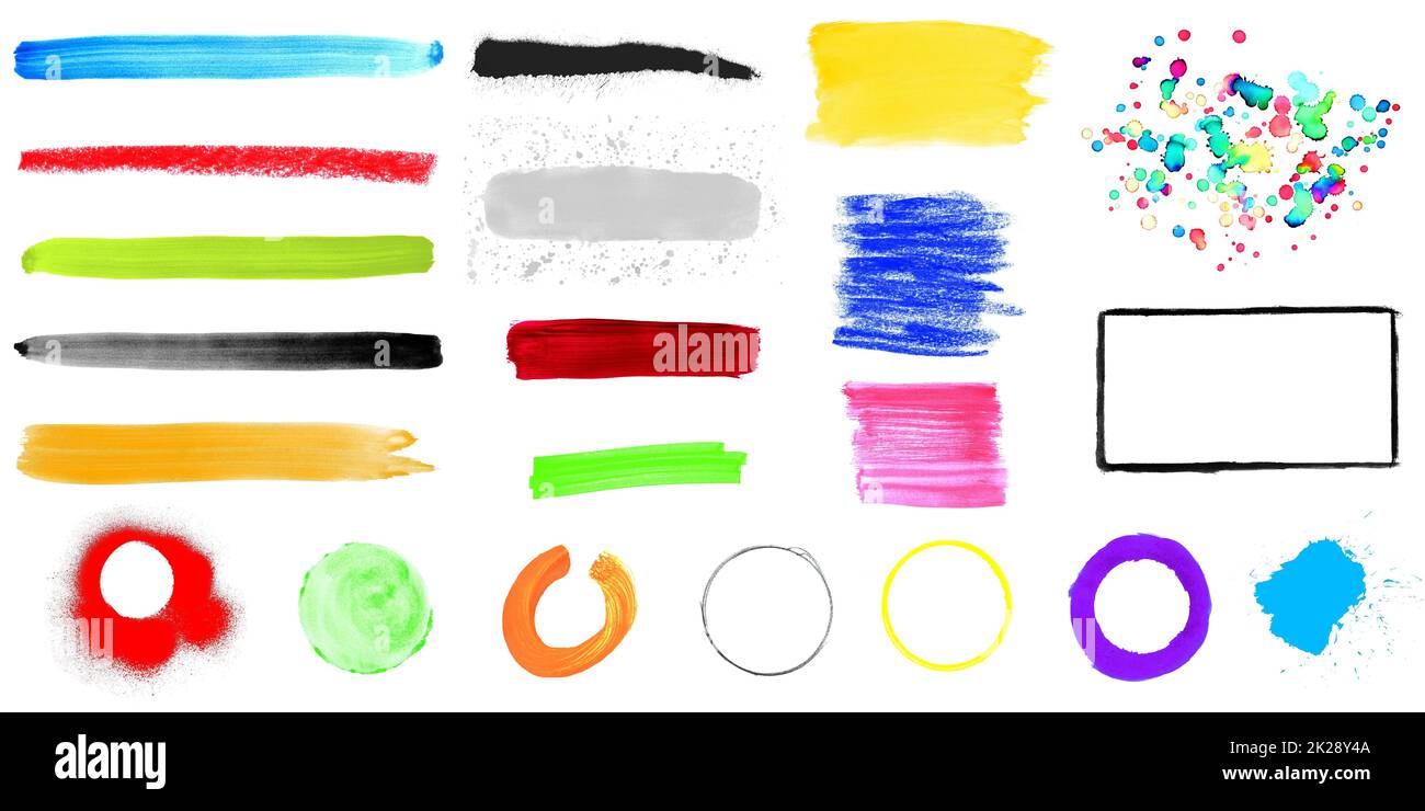 Bunte Mischung aus handgezeichneten Stiften, Pinseln und Stiften Stockfoto