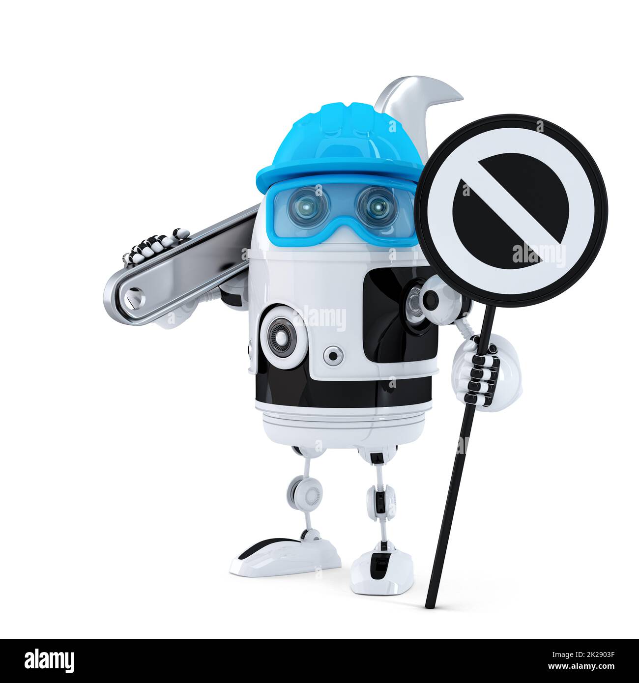 Roboter-Bauarbeiter mit Schraubenschlüssel und Stoppschild Stockfoto