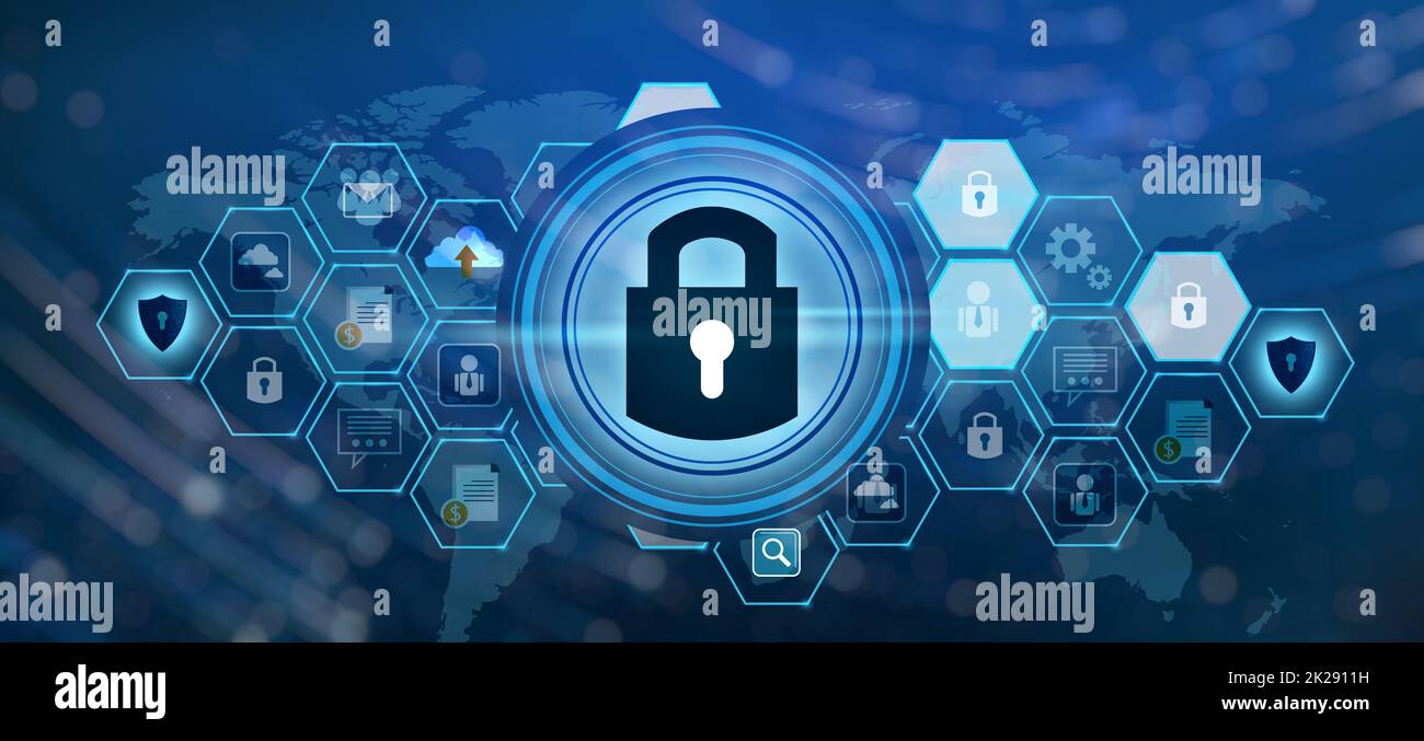 Entsperrte Internet-Taste für die Kommunikation im Internet sperren. Cybersicherheitskonzept Handschutz Netzwerk mit Schlosssymbol und virtuellen Bildschirmen Space Put Nachricht Blauer Ton Stockfoto