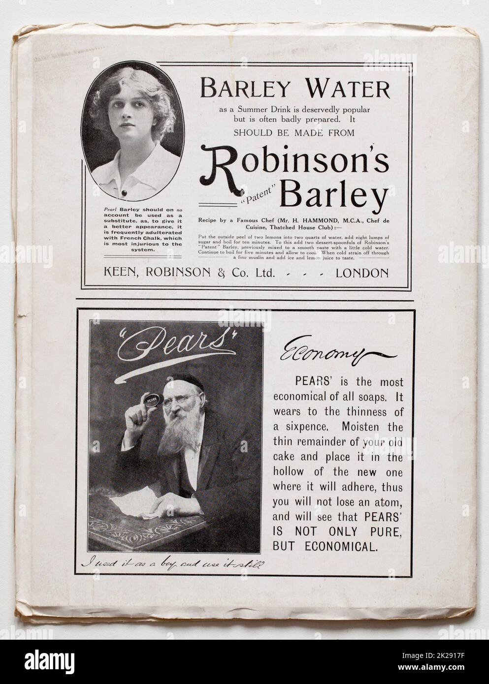 Alte Werbung für Robinsons Barley Water and Birnen Seife aus dem Connoisseur Magazine Stockfoto