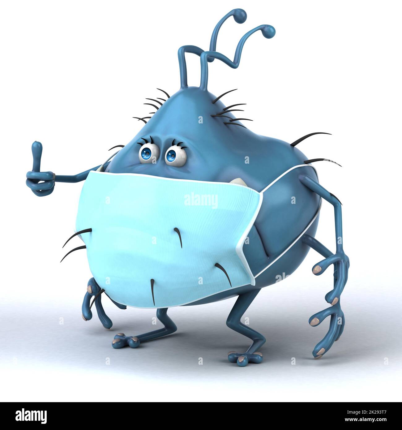 Fun 3D-Illustration einer Cartoon-Mikrobe mit einer Maske Stockfoto