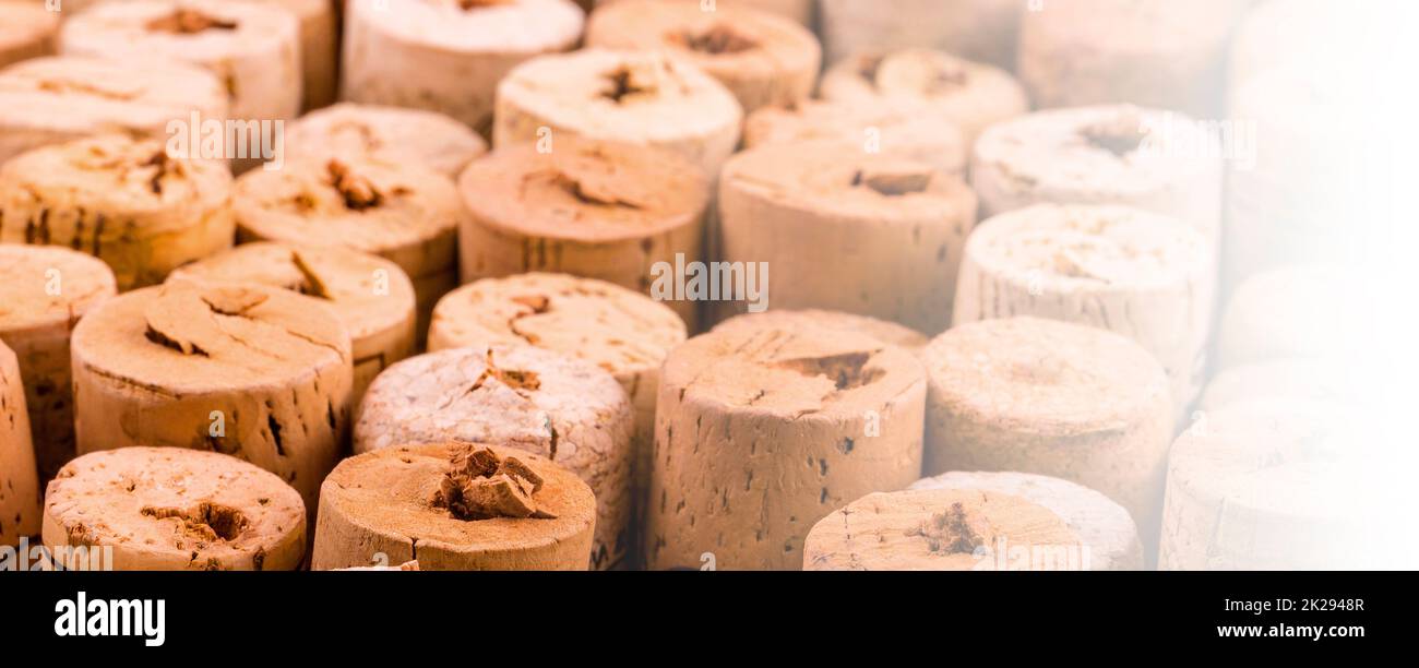 Hintergrundmuster von Weinflaschen korken in weichem diffusem Licht. Selektiver Fokus Stockfoto