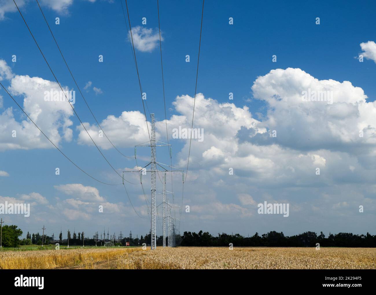 Eine Transmission Line auf einem Hintergrund von Weizenfeldern und Himmel mit Wolken Stockfoto