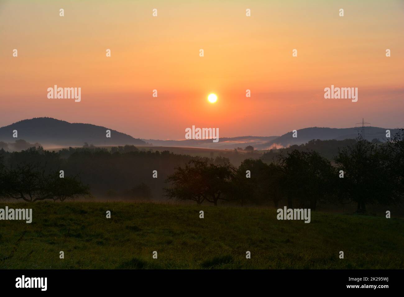 Morgenstimmung bei Sonnenaufgang, hügelige grüne Landschaft mit Nebel Stockfoto